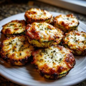 A close-up of several baked zucchini pizza bites topped with melted, browned cheese and herbs.