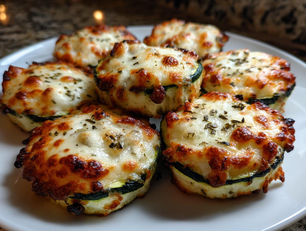 Six baked zucchini pizza bites topped with bubbly, browned mozzarella cheese and herbs.