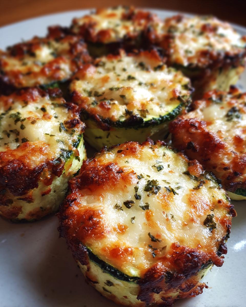Close-up of several baked zucchini pizza bites topped with melted, browned cheese and herbs.