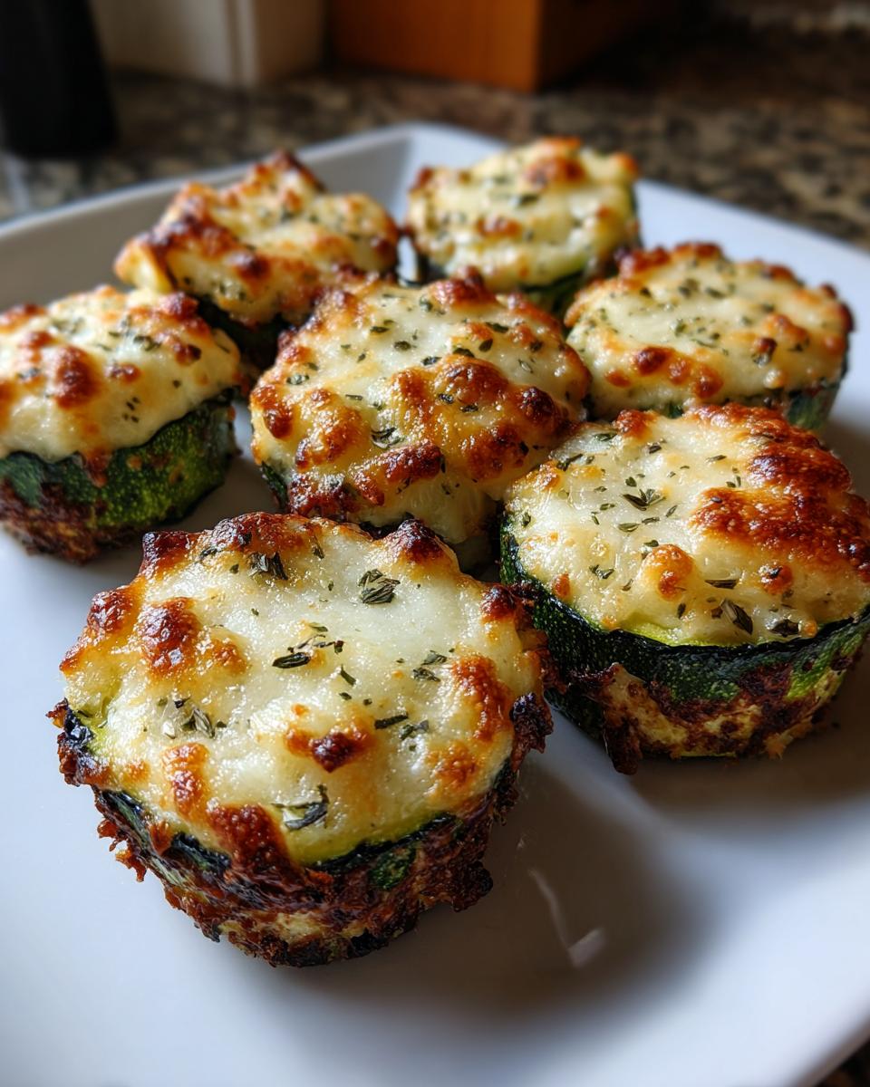 Close-up of baked zucchini pizza bites topped with melted, browned cheese and herbs.